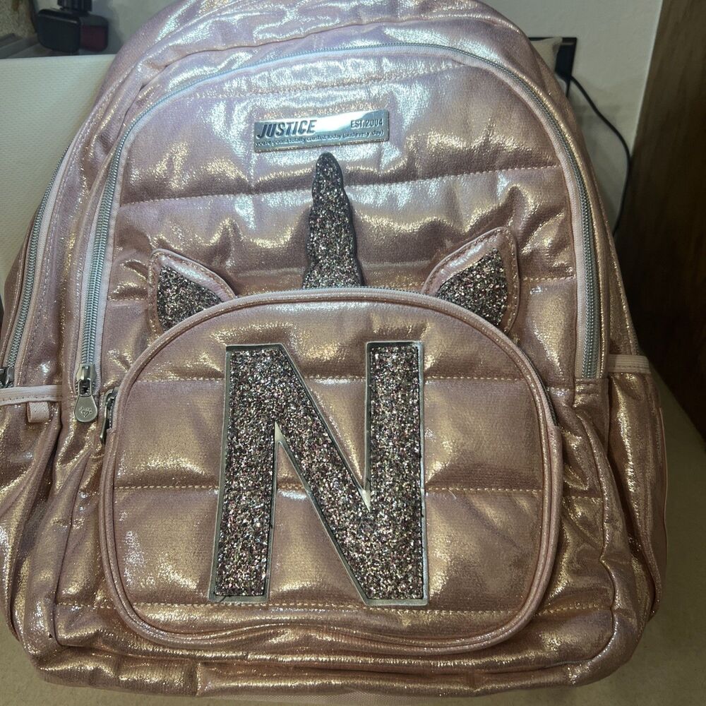 Justice Girls Backpack Pink Rose‎ Gold Initial M Side Pockets Full Size 17 Inch